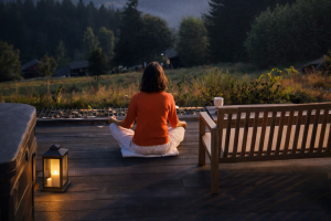 Femme en méditation au coucher du soleil sur la terrasse du Chalet Terejo & Spa à Ventron, Hautes-Vosges