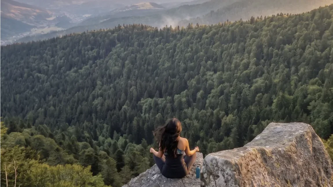 Méditation silencieuse au lever du soleil face aux crêtes boisées des Hautes-Vosges, près de Ventron