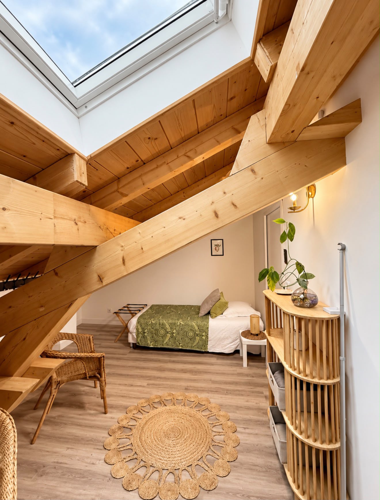 Chambre Lavande : chambre mansardée sous les poutres avec fenêtre de toit, Chalet Terejo