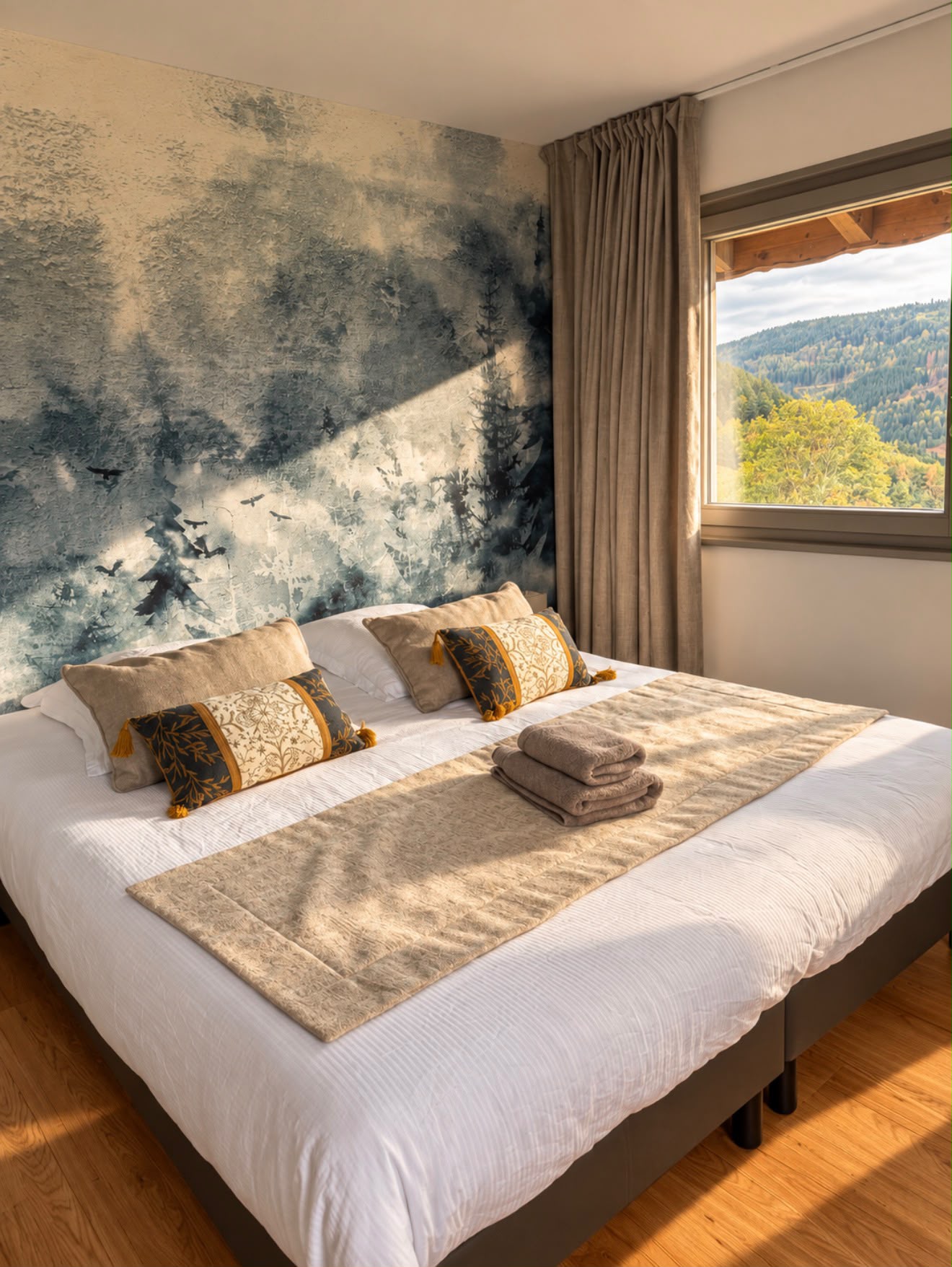 Chambre Mélisse : chambre double au papier peint de forêt dans la brume, vue sur la montagne, Chalet Terejo