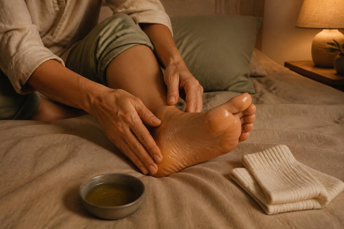 Automassage de la plante du pied à l'huile de sésame tiède le soir, avec un bol d'huile et des chaussettes en coton