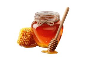 Pot de miel naturel avec rayon de cire et cuillère à miel, utilisé pour la cicatrisation des plaies