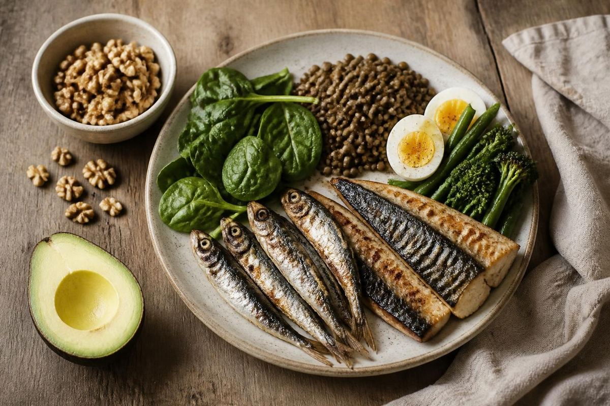 Assiette de sardines et maquereau grillés, épinards, lentilles, œuf, noix et avocat : vitamines B et oméga-3 pour nourrir les nerfs